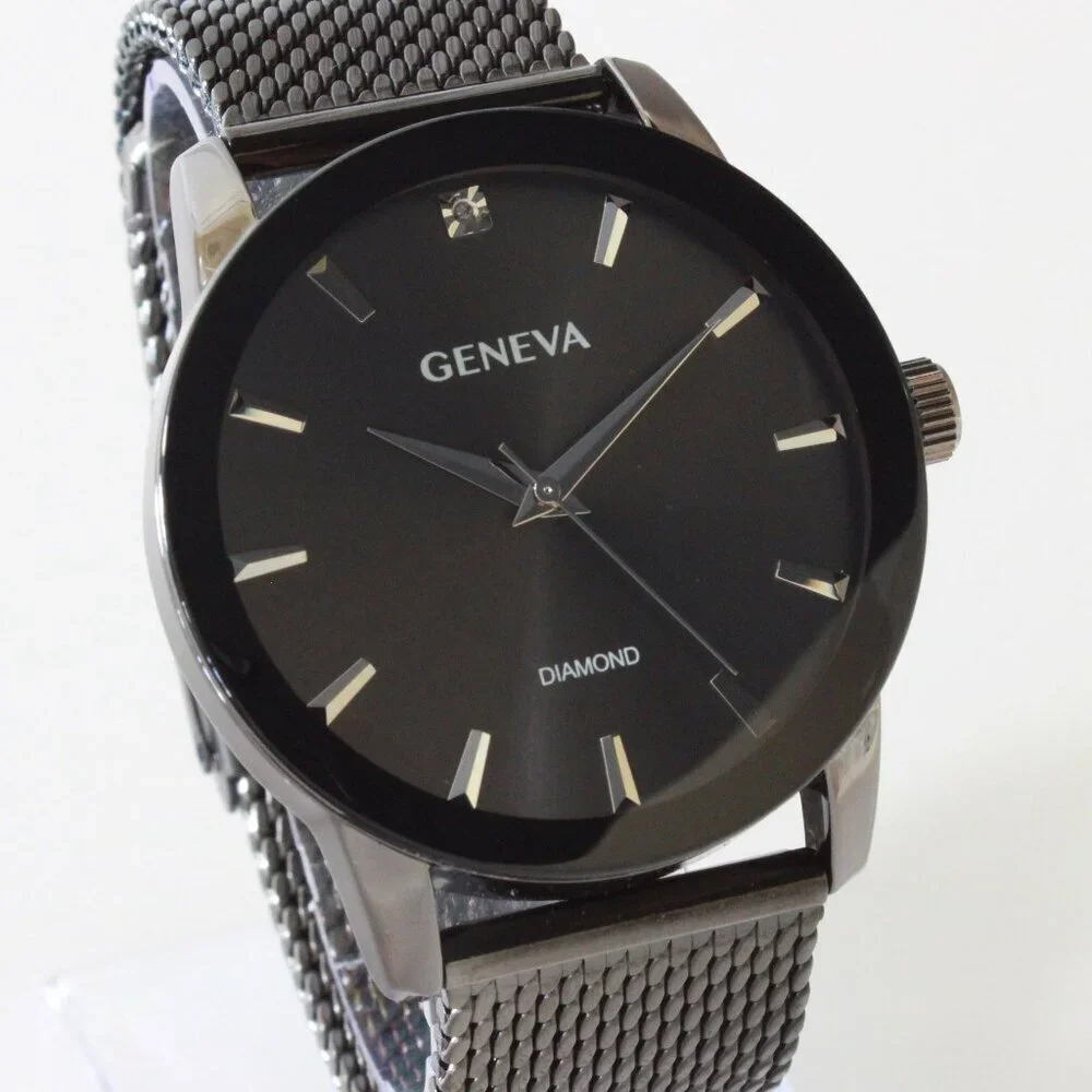 Geneva Men's Dress Watch Gun Metal Finish Diamond At 12 Milanese Bracelet 42mm